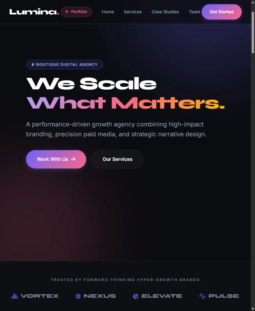 Lumina Marketing growth agency homepage concept with bold gradient typography
